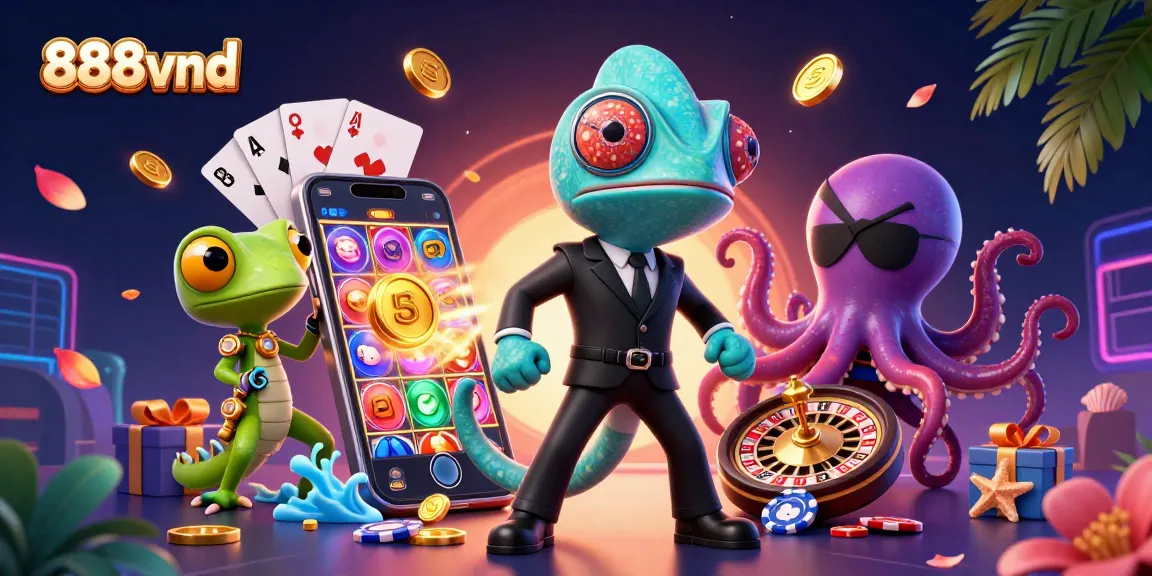 Experience the excitement at 888vnd with a vibrant 3D casino scene filled with playful characters.