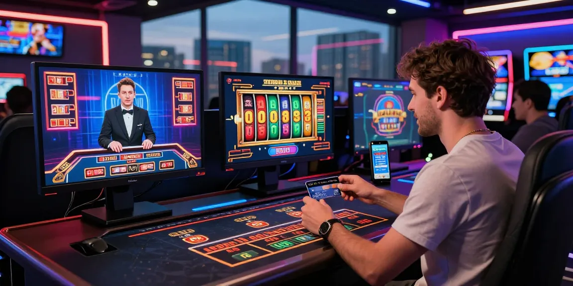 Exciting online gaming scene showcasing a player at a credit card casino, with vibrant city skyline and gaming monitors, reflecting the best of https://brcs.co.uk.