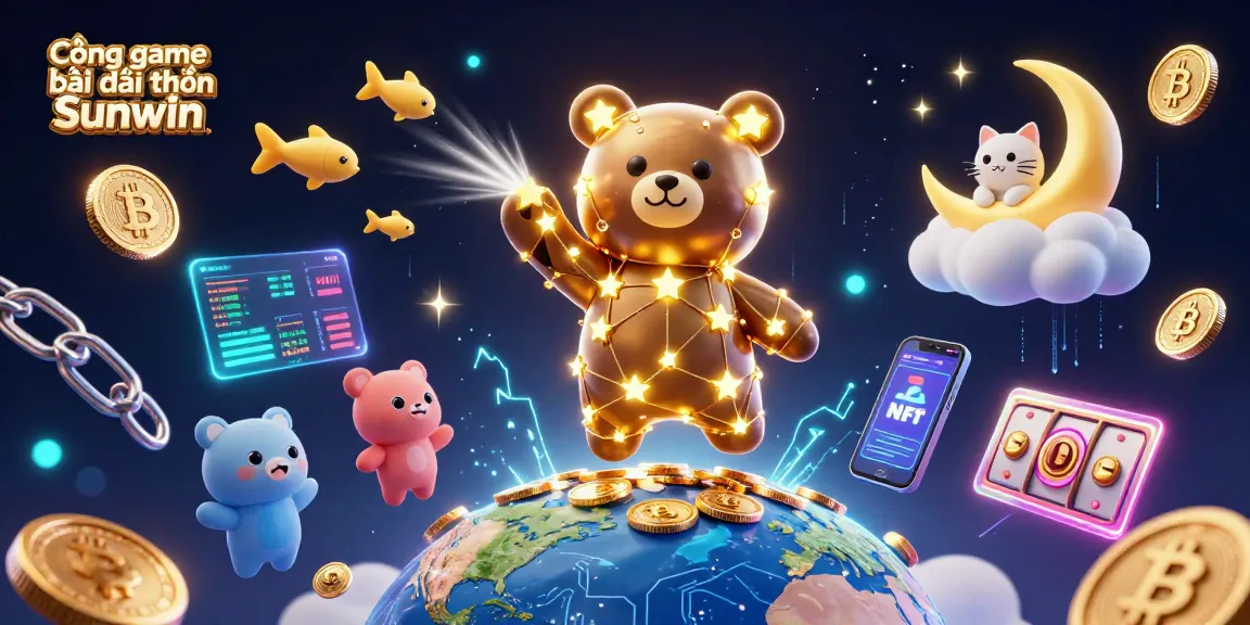Cổng game bài đổi thưởng Sunwin showcases a vibrant and dynamic 3D casino scene filled with gold coins, Bitcoin, and Ethereum elements.