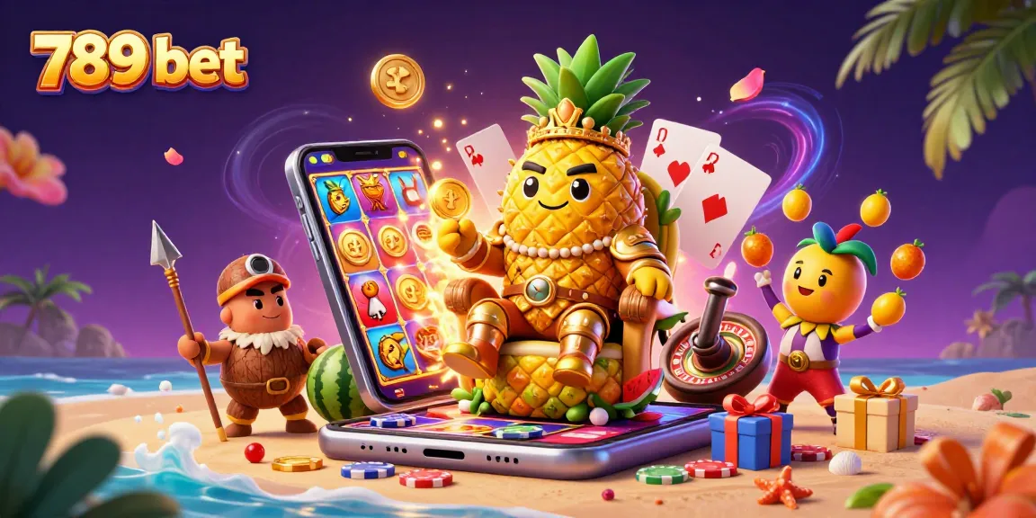 Experience thrilling gameplay with 789 bet as the golden pineapple king reigns in a vibrant casino scene, showcasing slots and dynamic elements.