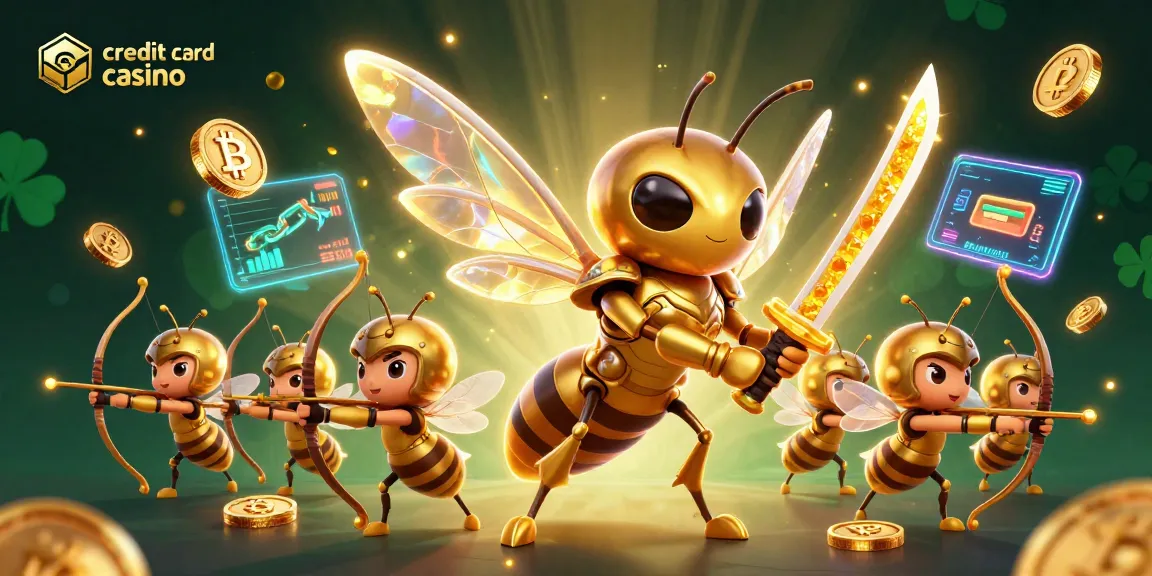 Engage with the vibrant credit card casino scene featuring a golden hornet and crypto icons.