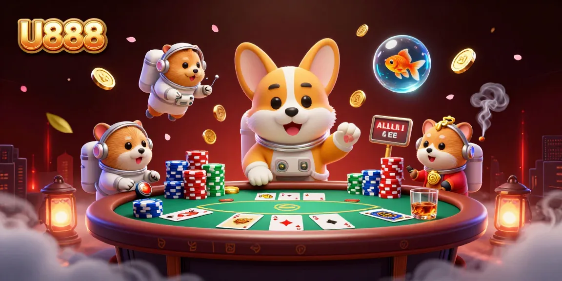 Experience thrilling action at U888 with a lively gambling scene featuring a cartoon corgi and poker elements.