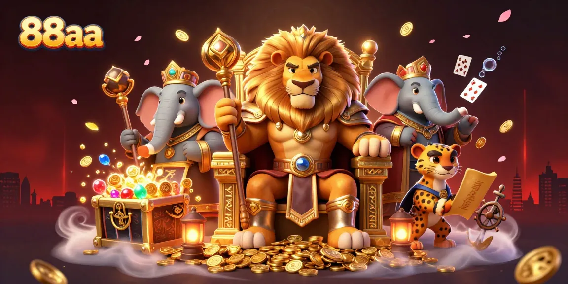 Engage with the vibrant 88aa casino experience featuring a royal lion king, advisor elephant, and messenger cheetah.