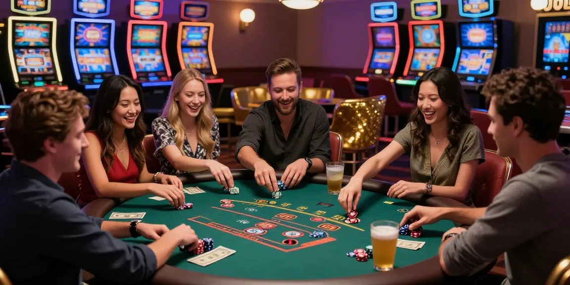 Engaging gaming scene at casinos that accept credit cards, showcasing friends enjoying blackjack amidst vibrant decor and lively atmosphere.