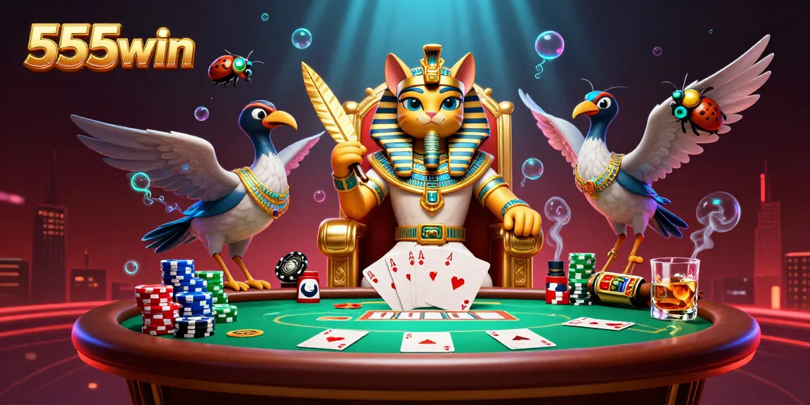 Engage with 555win's vibrant casino experience through a fun poker scene featuring charming characters and rich details.