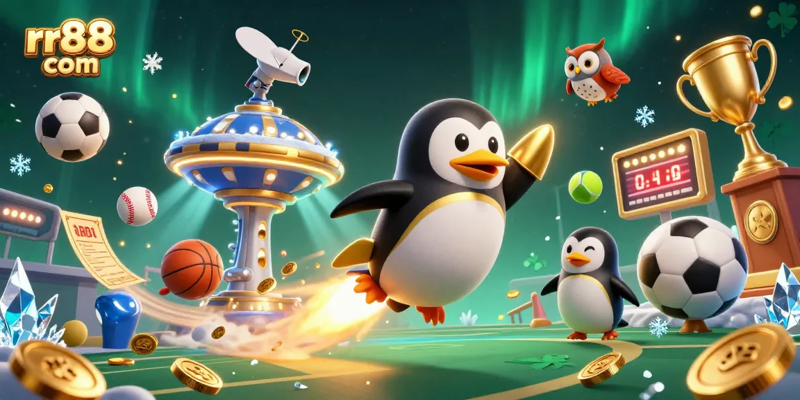 Experience thrilling gaming at rr88 com with a dynamic illustration showcasing a golden penguin soaring through a vibrant casino backdrop.