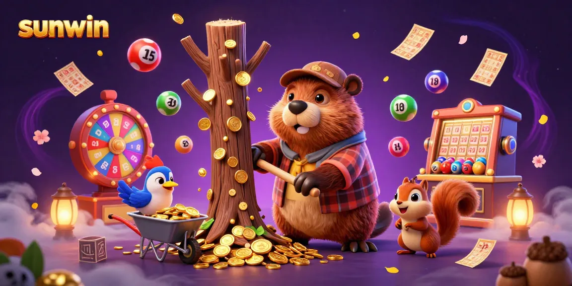 Sunwin showcases a lively casino scene with a lumberjack beaver raining gold coins, vibrant lottery elements, and animated energy.