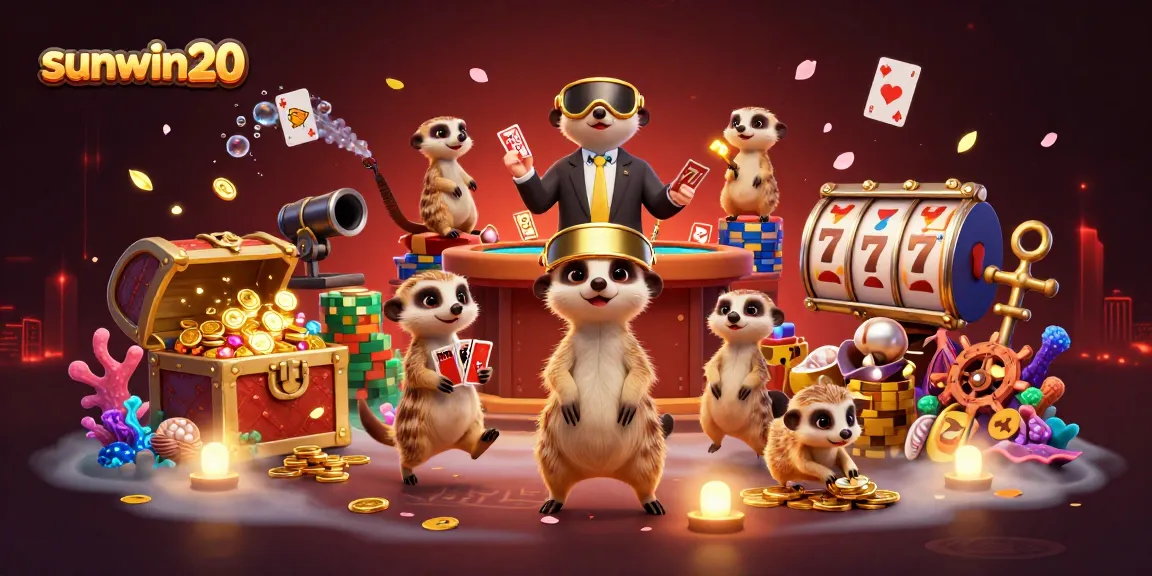 Experience the excitement of sunwin20 casino with meerkats overseeing a vibrant slot game scene.